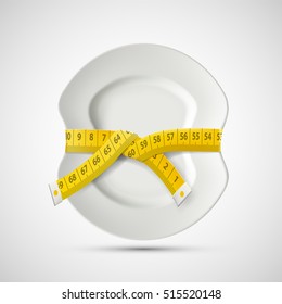 Icon plate with tailoring centimeter. Dieting and weight loss. Stock vector illustration.