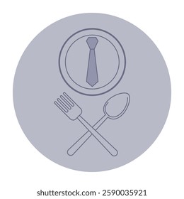 Icon of plate with tie motif, accompanied by fork and spoon crossed underneath. Dining concept in modern context