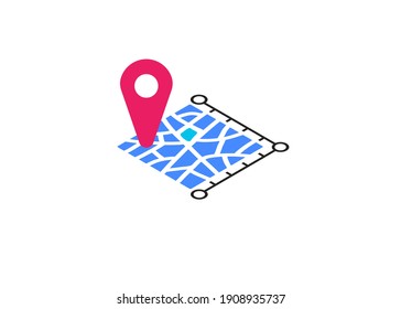 icon plot area in kilometres, miles, hectare. Vector dimension area size icon and map pin