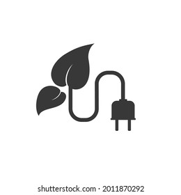 Symbol eines Steckers mit einem Blatt für erneuerbare Energien. Vektorgrafik