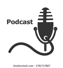 icon for a podcast image containing a microphone with a stand and a power cord from it on a white background