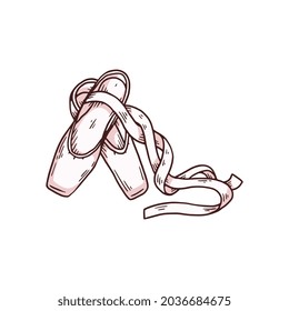 Icono de zapatillas de punta para bailarina de ballet, calzado de baile clásico con cintas. Ilustración de esbozo vectorial aislada en un fondo blanco.