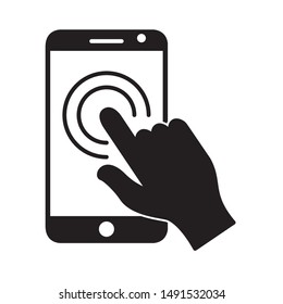 Icon pointing on the touch screen of the smartphone. Hand touch smartphone icon in trendy flat style design. Vector illustration.