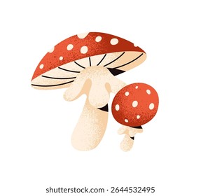 Ícone da mosca venenosa agárica. Cogumelo venenoso não comestível com chapéu vermelho malhado. Toadstool colorido, amanita. Boleto tóxico, fungo perigoso. Ilustração de vetor isolado plano sobre fundo branco