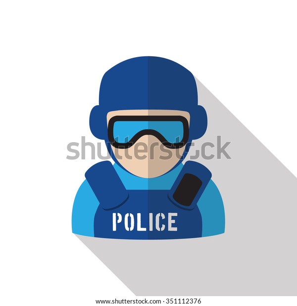 Icon of policeman wearing protection gear\
and eyeshield. Flat design with long shadow on white isolated\
background. Symbol of law\
enforcement.