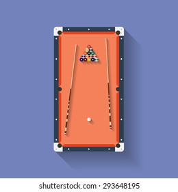 Icon of poll or billiard table with cues and balls. Flat style 