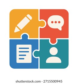 Ícone "Poly work - Portfolio Career" - Muitas peças de quebra-cabeça (design, escrever, consultar) se unindo para formar uma imagem completa.