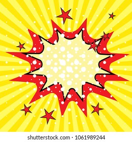 Icon of pop art. Bright animated yellow background with rays and stars for inscriptions. Vector illustration.