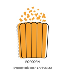 Icon of popcorn in a cardboard box in the Memphis style with a pattern of curved arcs for cinemas, fast food restaurants, cafes. Modern trendy stylized vintage editable vector illustration. Isolated.