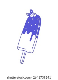 Icon of popsicle with cocoa frosting. Ice cream with chocolate icing. Icecream is decorated with berries on wooden stick. Frozen milk summer dessert. Flat isolated outline vector illustration on white