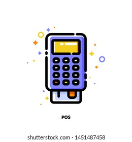 Icon of pos terminal or bank card reader for shopping and retail concept. Flat filled outline style. Pixel perfect 64x64. Editable stroke