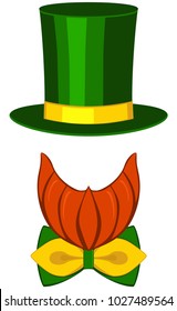 Icon poster leprechaun st. patrick day avatar element set tall hat glasses beard, beaver, bow tie. Hipster holiday vector illustration for gift card certificate banner sticker badge stamp logo, label.