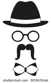 Icon poster man father dad day avatar elements set hat glasses mustache bow tie silhouette. Fashion vector illustration for gift card certificate banner sticker badge stamp logo, label.