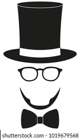 Icon poster man father dad day avatar element set tall hat glasses beard, beaver, bow tie silhouette. Hipster holiday vector illustration for gift card certificate sticker badge stamp logo, label.