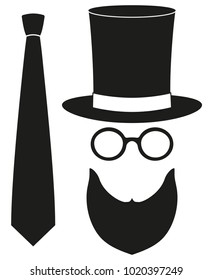 Icon poster man father dad day avatar element set tall hat glasses beard, beaver, tie silhouette. Hipster holiday vector illustration for gift card certificate banner sticker badge stamp logo, label.