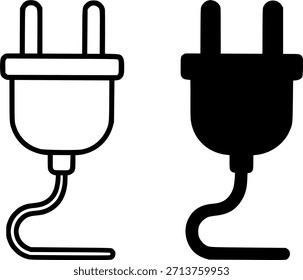 Icono, ilustración de enchufe, blanco y negro, contorno y versiones de silueta