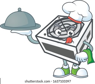 An icon of power supply unit white color as a Chef with food on tray ready to serve