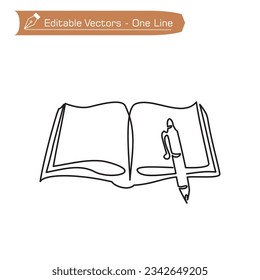 Icon premium back to school. One continuous line of open book and ballpoint pen on study table or work table. Vector illustration of ballpoint pen above book on lower right. Editable vector.