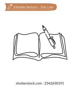 Icon premium back to school. One continuous line of open book and ballpoint pen on study table or work table. Vector illustration of ballpoint pen above book on upper right. Editable vector.