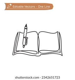 Icon premium back to school. One continuous line of open book and ballpoint pen on study table or work table. Vector illustration of ballpoint pen above top left book. Editable vector.
