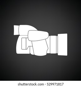Icon of premium photo camera. Black background with white. Vector illustration.