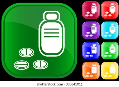 Icon of prescription bottle and pills on shiny buttons
