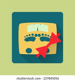 Icon of present weight scale. Vector illustration of balance scale and red bow. Flat style EPS10