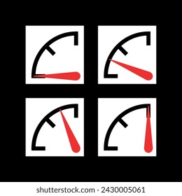 Icon pressure gauge, tachometer or speedometer. The dial of a device for measuring pressure or speed. Device with an arrow. Barometer pictogram for measuring pressure.