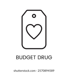 An icon of a price tag with a heart in vector, representing affordable healthcare or medications, with an editable stroke.