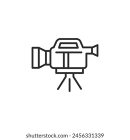 Icon of a professional film camera mounted on a tripod, a staple in film production and cinematography. Ideal for use in content related to movie, video production, and broadcast. Vector illustration