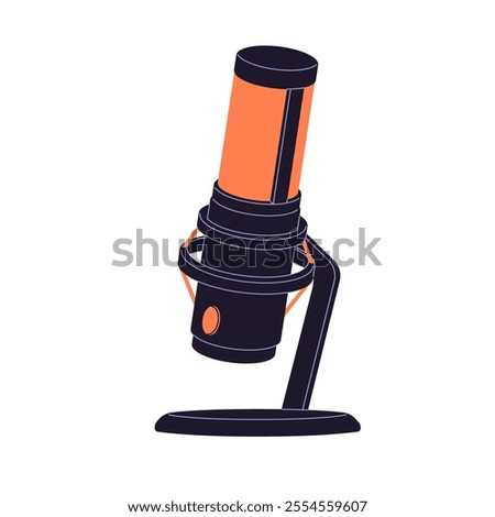 Icon of professional microphone on stand. Modern red mic for recording audio podcasts, broadcasting. Desk mike for streaming. Gamers' hardware. Flat isolated vector illustration on white background
