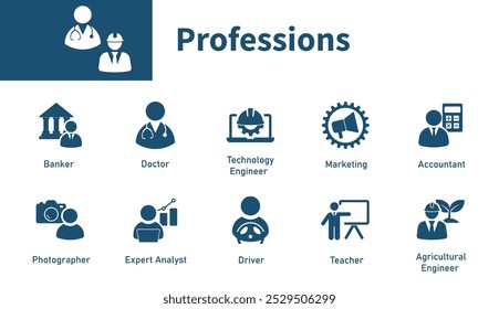 Icon of professions. Set of symbols on work topics, specialties, doctors, engineers, teachers, drivers. Solids vector symbol.