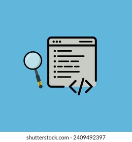 Icon program, computer, software, coding, web, data, programming. Flat illustration of cute magnifying glass cartoon style icon. Magnifying glass cartoon icon vector illustration. 