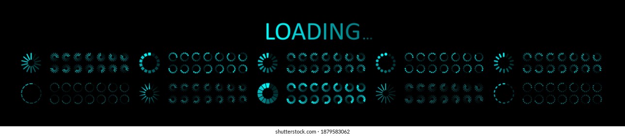 Icon of progress load on computer. Futuristic digital ui for loader. Circle of load bar for web. Round blue elements of status download. Set of neon symbols interface on black background. Vector.