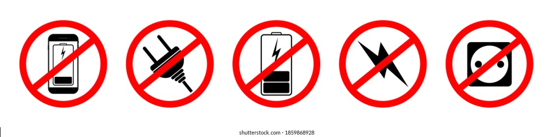 Icon of prohibited connection electric plug, charger, battery and phone. Sign of stop and ban for electrical devices. Symbol of unplug to power. Outlet, wire and adapter do energy shock. Vector.