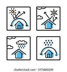 Icon Protect Building Or House From Extreme Weather, Rainy And Solar Thermal, Symbol Design Vector, Set Collection