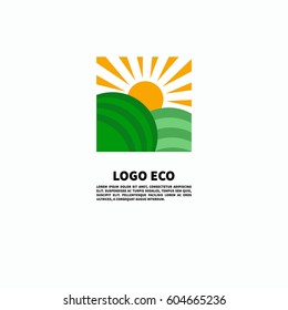 Icon of protection of  environment. Agricultural landscape with fields and sun. Logo of farm. Vector illustration.