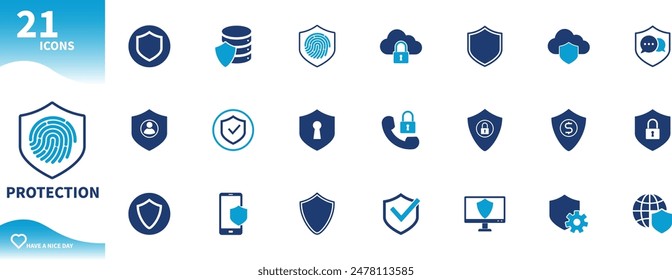 Icono de protección y seguridad. Conjunto de escudo, huella dactilar, bloqueo, base de datos, nube, teléfono, iconos de computadora