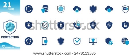 Icon of protection and security. Set of shield, fingerprint, lock, database, cloud, phone, computer icons