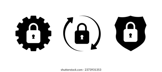 Icon protection settings. Silhouette, black, security update, protection, key lock inside gear, key lock and shield. Vector icons