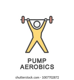 Icon pump aerobics. Strength exercises using a mini bar barbell. The thin contour lines with color fills.