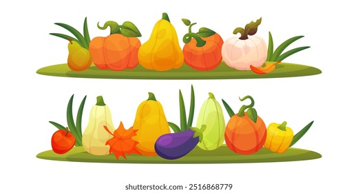 Icon pumpkin cartoon 3d. Halloween vegetable composition, autumn garden. Squash, gourd harvest, fall food. Thanksgiving cute graphic. Element game nutrition. Vector cartoon flat isolated illustration