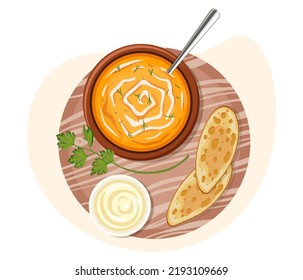 Icon of pumpkin cream soup, lunch meal, vegetarian healthy dinner. Image of tasty mash food menu. Appetizing vegan restaurant plate with spoon. Cuisine fresh cooking, Isolated flat vector