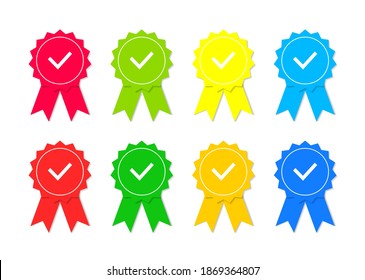 Icon of quality. Stamp with check for premium mark, best quality, guarantee. Certificate with seal of approve. Award badge with tick of good product. Symbol of satisfaction. Ribbon with medal. Vector.