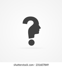 Icon of question mark and head. White background and shadow.