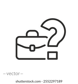 icon of question mark with portfolio, unknown amount of work, career choice, thinking or search about next job, thin line symbol on white background - editable stroke vector illustration  