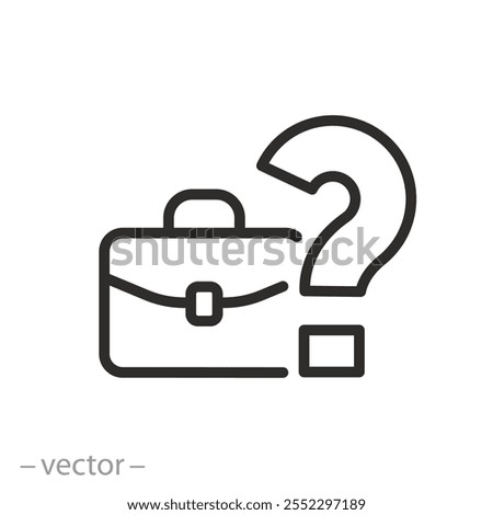 icon of question mark with portfolio, unknown amount of work, career choice, thinking or search about next job, thin line symbol on white background - editable stroke vector illustration  