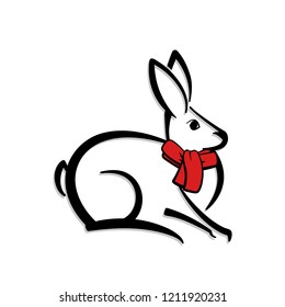 Icon of a rabbit. Black and white abstract logo. Vector illustration. Red scarf.
