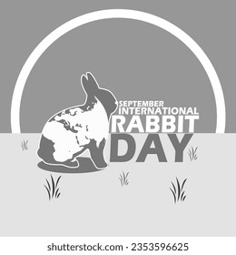 Icono de un conejo con decoraciones de tierra en su cuerpo, con hierba y texto en negrita sobre fondo gris para conmemorar el Día Internacional del Conejo el 1 de setiembre