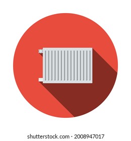Icon Of Radiator. Flat Circle Stencil Design With Long Shadow. Vector Illustration.